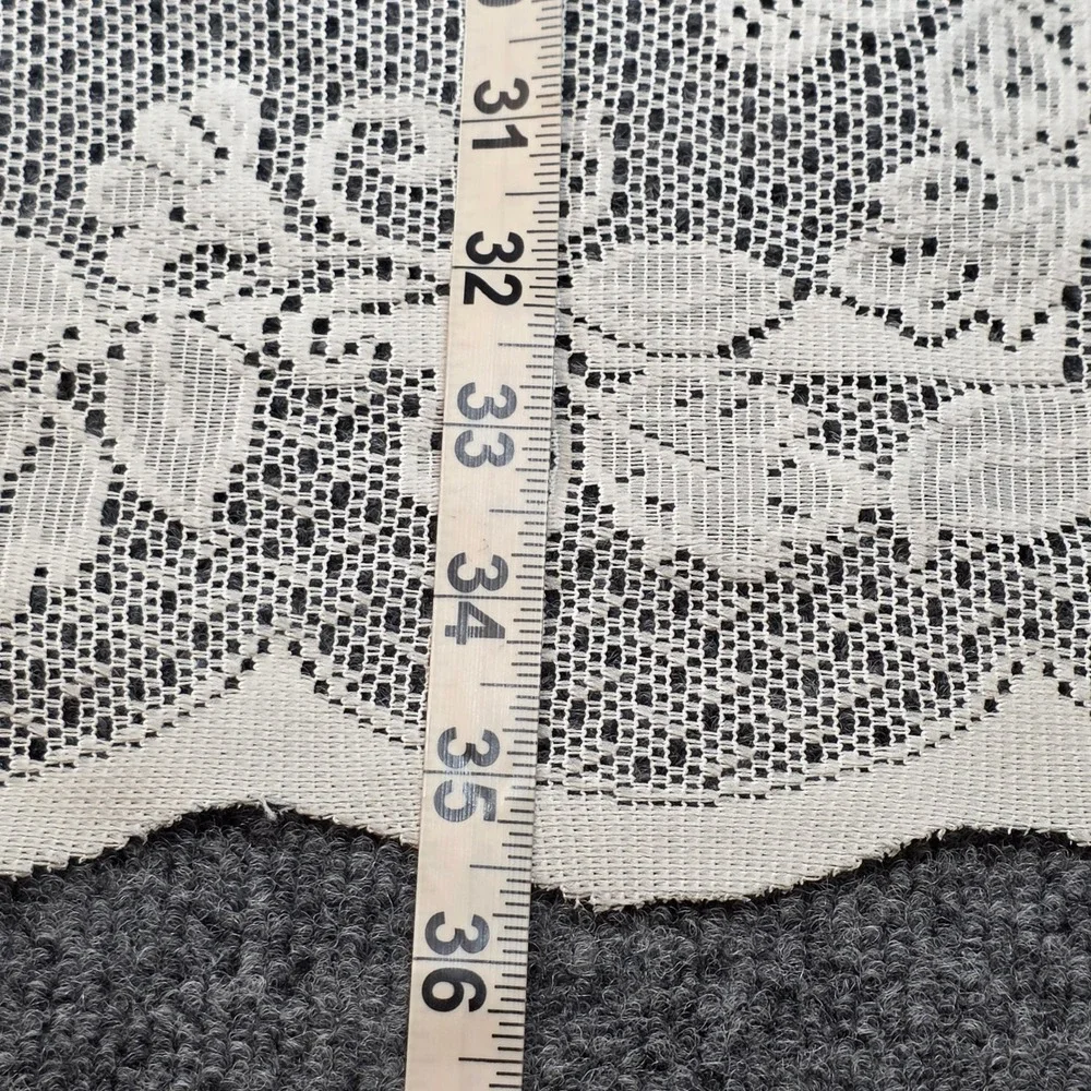 Vintage White Floral Lace Curtains Scalloped Edge Pink Flower Made in USA 29x36